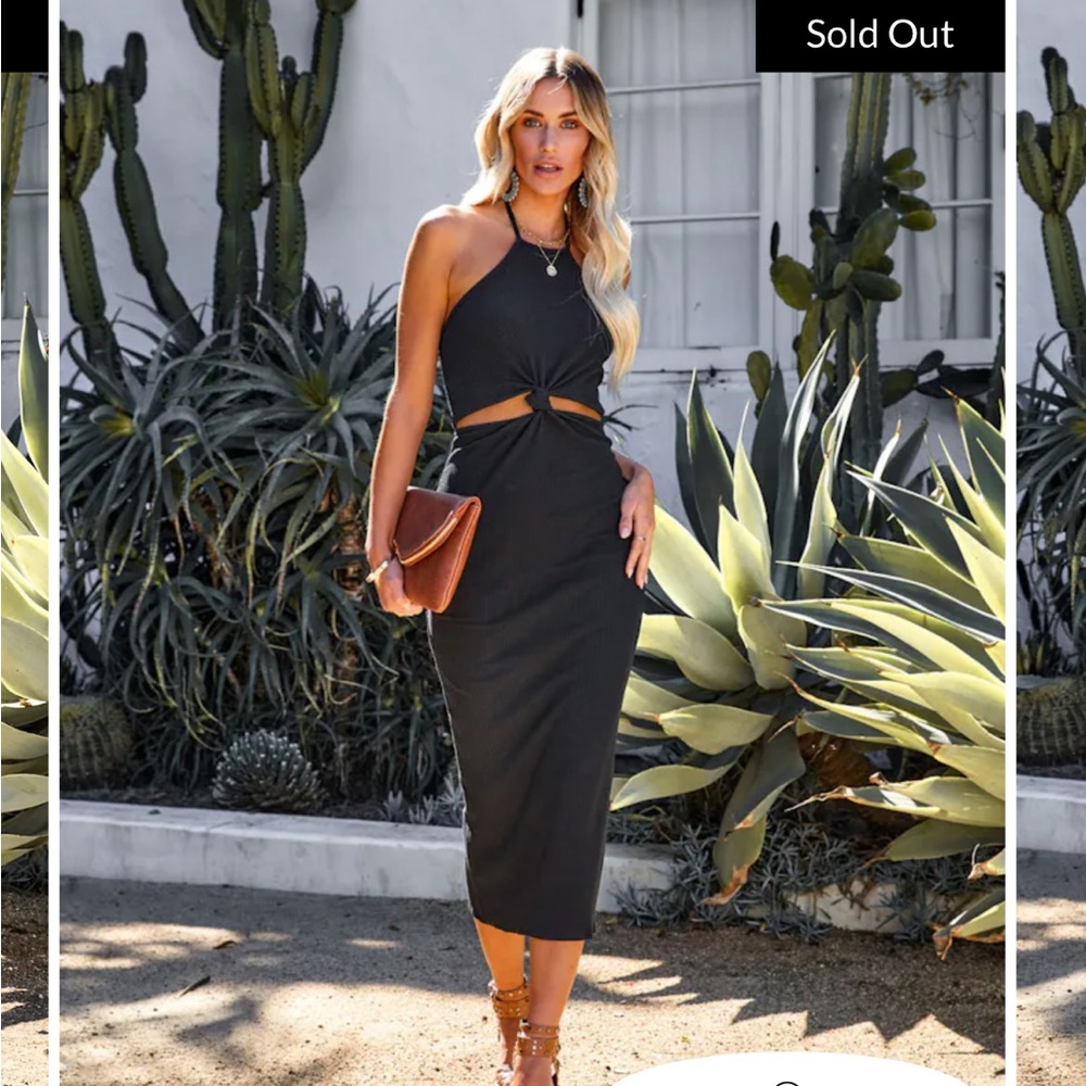 RITA COTTON CUTOUT HALTER MIDI DRESS - Black